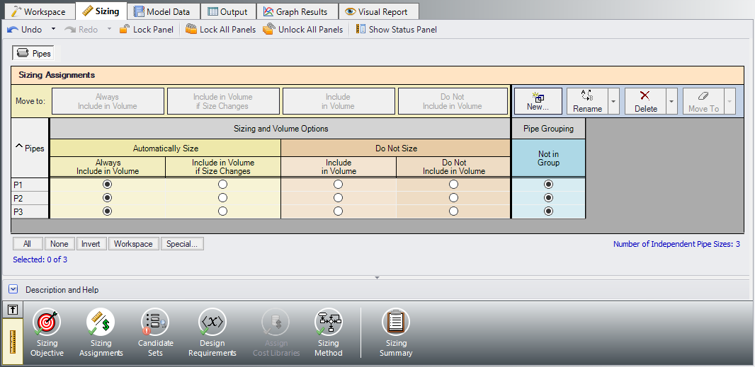 The Sizing Assignments panel defined for the Three Reservoir example.